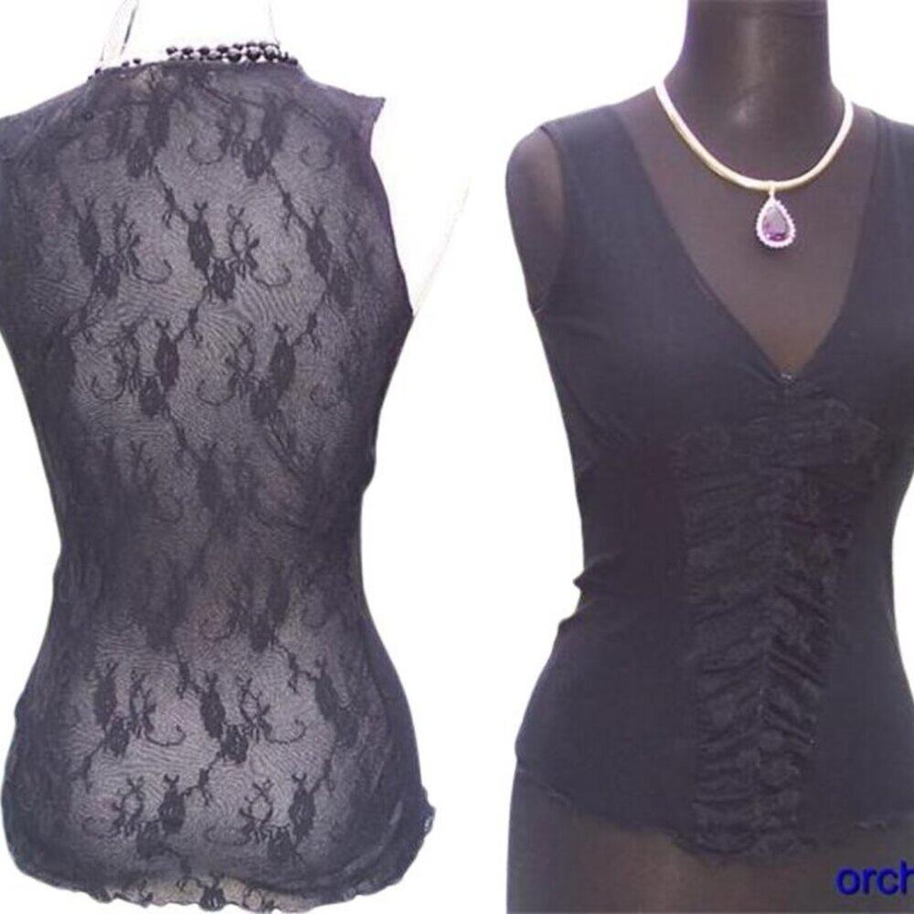 Cache Black Sheer Illusion Lace Back Peek A Boo Mesh Front Cami Top New NWT $88